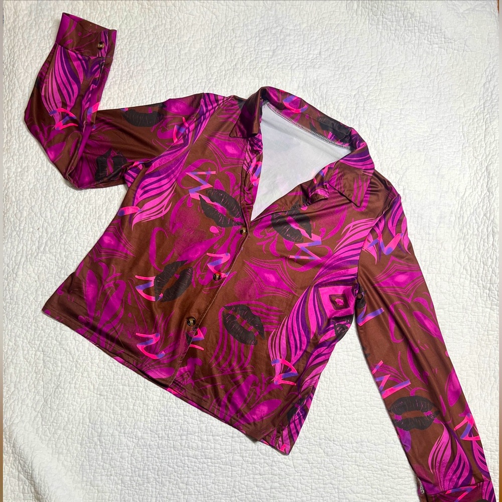 Women's Brown Purple Retro Button Up Long Sleeve Collared Shirt; XL